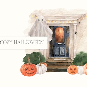 Halloween clipart watercolor, autumn house clipart, pumpkin clipart, cute ghost clipart, halloween house, fall leaves clipart.