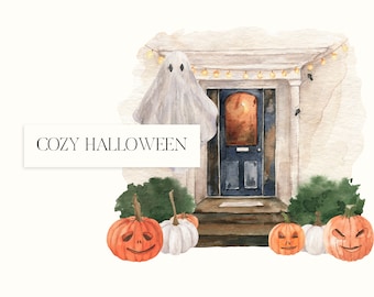 Halloween clipart watercolor, autumn house clipart, pumpkin clipart, cute ghost clipart, halloween house, fall leaves clipart.
