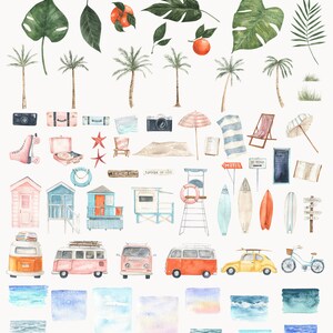 Może przedstawiać: Zestaw 72 akwarelowych ilustracji przedstawiających letnie motywy. Ilustracje obejmują palmy, parasole plażowe, deski surfingowe, domki letniskowe, zabytkowy van, rower i r&oacute;żne przedmioty związane z plażą. Ilustracje są namalowane w r&oacute;żnych kolorach, w tym niebieskim, zielonym, ż&oacute;łtym, pomarańczowym i r&oacute;żowym. Ilustracje idealnie nadają się do dodania letniego akcentu do Twoich projekt&oacute;w.