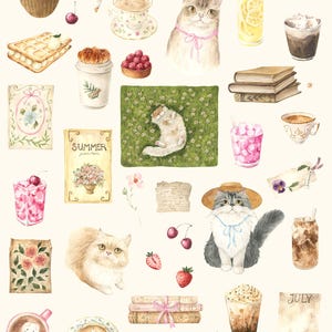 May include: Watercolor illustration featuring a summer cafe theme. The image includes various elements such as cats, books, desserts, drinks, flowers, and the text "Summer Cafe Watercolor Collection". The color palette is soft and pastel.