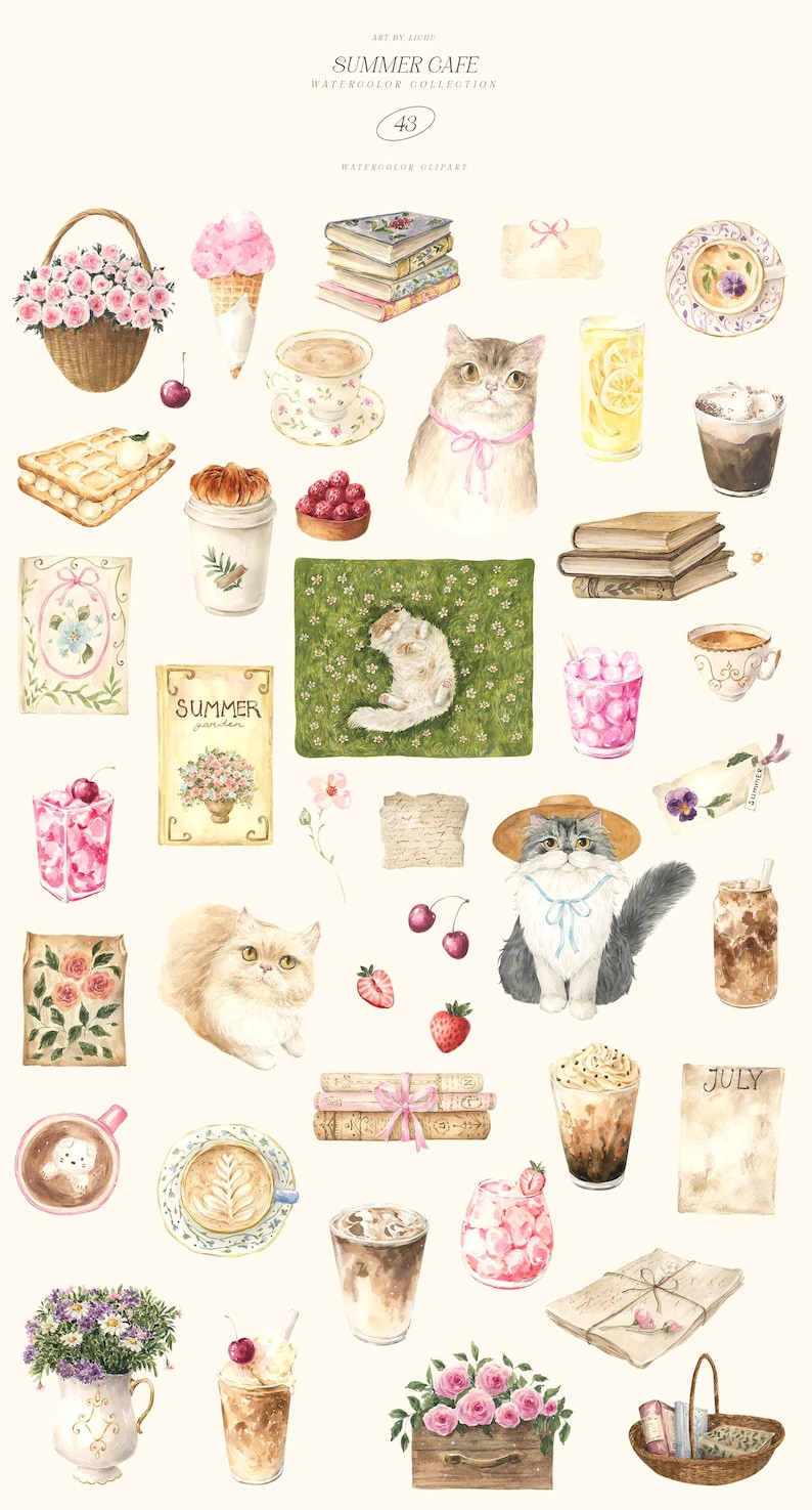 May include: Watercolor illustration featuring a summer cafe theme. The image includes various elements such as cats, books, desserts, drinks, flowers, and the text "Summer Cafe Watercolor Collection". The color palette is soft and pastel.