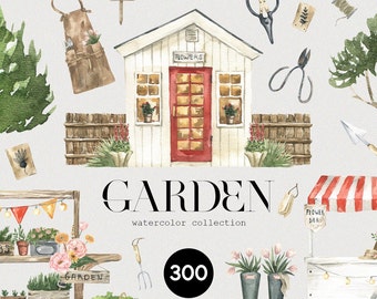 Watercolor houses country farm house House drawing of a logo cottage gardening potted plants Spring buildings pattern bushes clipart png