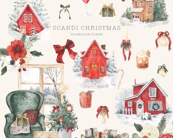 Puede incluir: Ilustración en acuarela con temática navideña. Presenta casas rojas en paisajes nevados, un árbol de Navidad decorado, regalos y un sillón acogedor. El texto "Scandi Christmas" también está presente.