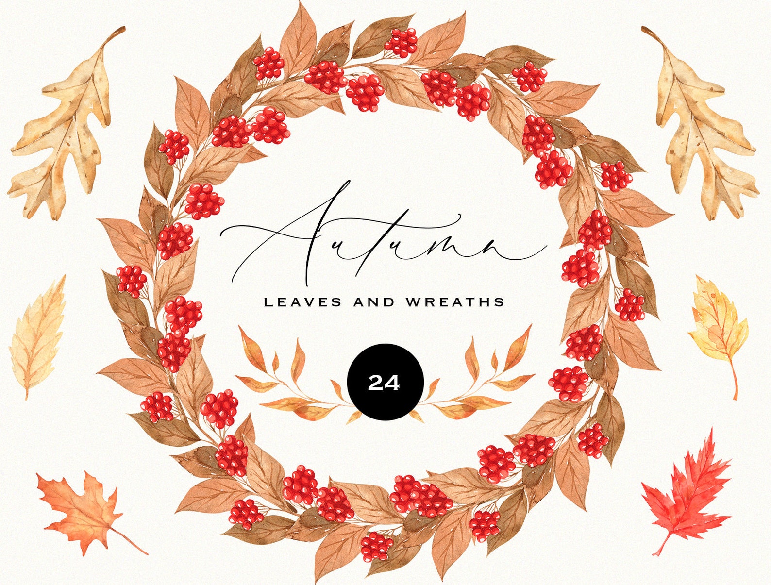 Watercolor Fall Leaves Clipart Autumn Wreath Foliage Branches Floral ...