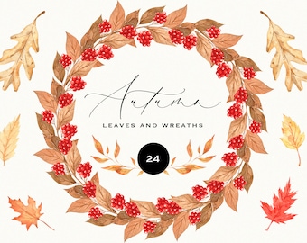 Watercolor Fall Leaves Clipart Autumn Wreath Foliage Branches Floral Frame Cozy Thanksgiving Sublimation Wedding Invitation clip art png