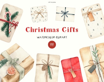 Watercolor Christmas Gift Box Clipart Winter Holiday Elements Gift Crafting Watercolor Xmas Gift Candy Clipart PNG Digital Download