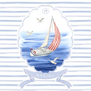 Clipart acquerello marino / Nautico preppy - Clipart barca - Cornici vintage stampabili - Clipart costiere - Baby shower blu stampabile