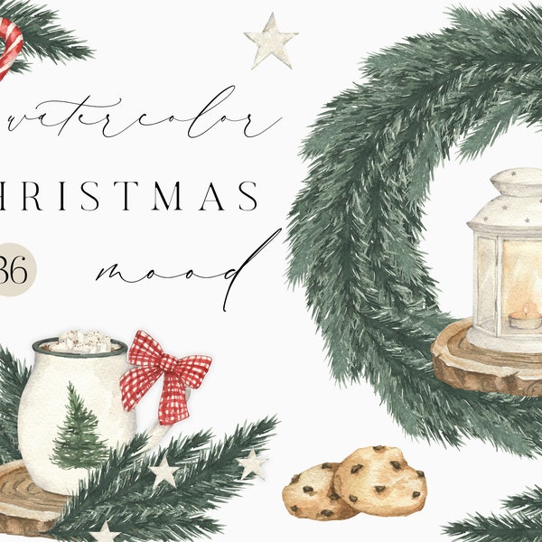 Watercolor Christmas Coffee Drink with Marshmallow Dessert Cookies Candy Cinnamon Aniseed Candle Greenery Pine Twig Wreath clipart png