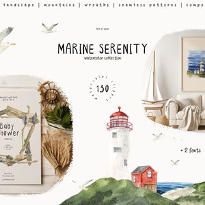 Serenidade Marinha Aquarela Náutico Clipart Paisagem do Mar Gaivota Png Pré-fabricado Convite Viagem Montanhas Faróis Concha Navio Boia Salva-vidas Cartão