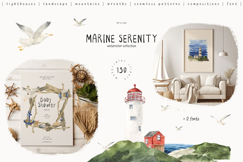 Pu&ograve; includere: Un set di illustrazioni ad acquerello con un faro, conchiglie, una barca a vela e gabbiani. Il set include 130 elementi e 2 font. Il testo "MARINE SERENITY collezione acquerello" &egrave; visualizzato sull'immagine.