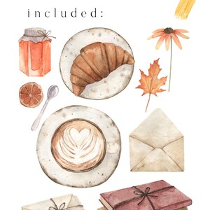 Puede incluir: Ilustraciones de acuarela de elementos oto&ntilde;ales, que incluyen un croissant, caf&eacute;, un tarro de mermelada, una rodaja de naranja, una flor, hojas, sobres, libros y una rosa. Las ilustraciones son de estilo vintage y son perfectas para agregar un toque de oto&ntilde;o a tus proyectos.