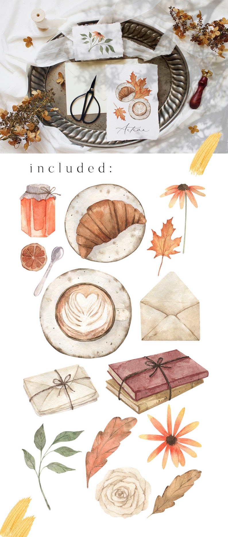 Puede incluir: Ilustraciones de acuarela de elementos oto&ntilde;ales, que incluyen un croissant, caf&eacute;, un tarro de mermelada, una rodaja de naranja, una flor, hojas, sobres, libros y una rosa. Las ilustraciones son de estilo vintage y son perfectas para agregar un toque de oto&ntilde;o a tus proyectos.