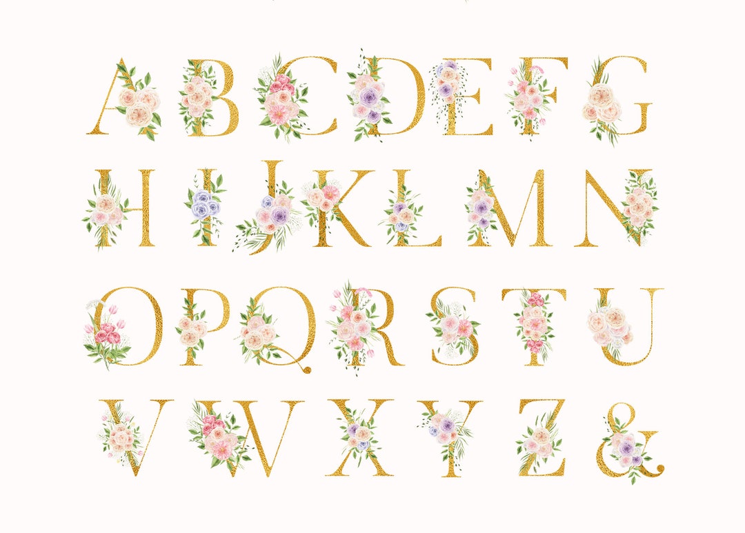 Alphabet Watercolor Floral Gold Typography Wedding Letters and Number ...