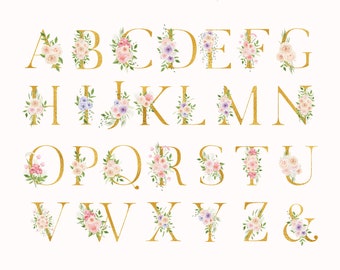 Alphabet Watercolor Floral Gold Typography Wedding Letters and Number with Rose Peony Eucalyptus Leaf clipart png