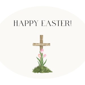 May include: A white oval with the text "HAPPY EASTER!" in black. A wooden cross with pink tulips growing from the base is centered on the oval.