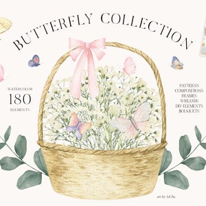 Aquarell Blumen Schmetterling Motten Floral Alphabet Botanische Rahmen Greenery Kranz für Hochzeitseinladung Hortensie Rose Muster Clipart png