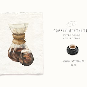 May include: Watercolor illustration featuring a coffee aesthetic. The image showcases a glass coffee maker with a brown wooden collar, a small glass, and a cup of coffee on a black saucer. Text reads "Coffee Aesthetic Watercolor Collection."