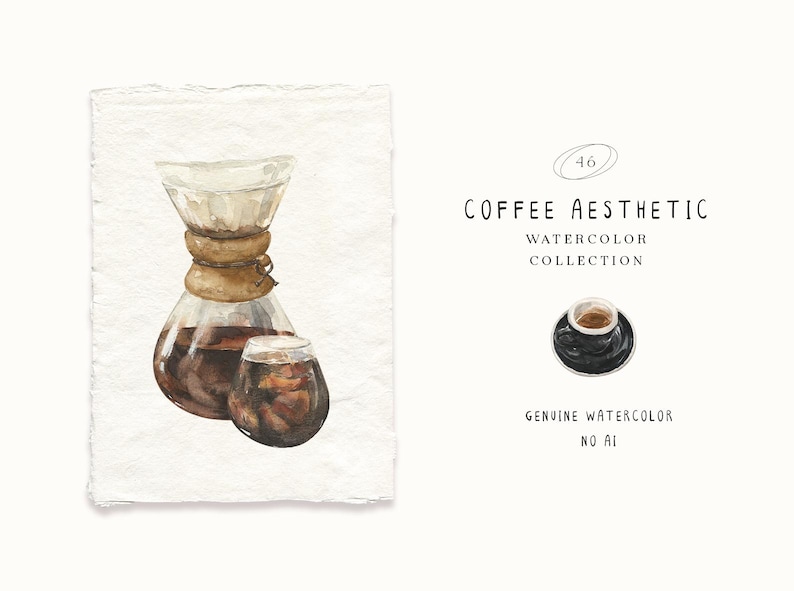 May include: Watercolor illustration featuring a coffee aesthetic. The image showcases a glass coffee maker with a brown wooden collar, a small glass, and a cup of coffee on a black saucer. Text reads "Coffee Aesthetic Watercolor Collection."