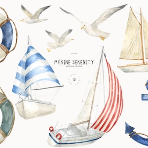 Aquarell Nautik Clipart Möwen Png Segelschiff Anker Clip Art Boot Rad Rettungsring Marine Serenity Karten Einladung Sublimation png