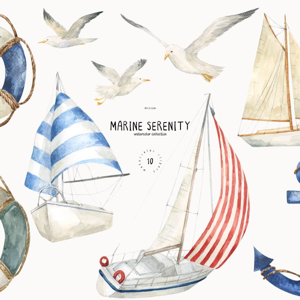 Aquarelle nautique Clipart mouettes Png voilier ancre Clip Art bateau roue bouée de sauvetage Marine sérénité cartes Invitation Sublimation png