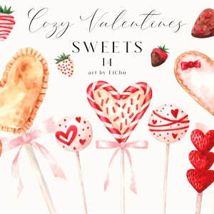 Watercolor Sweets Clipart Cake Pops Heart Cookies Strawberry in Chocolate Romantic Dessert Berry Bakery Logo Wedding Invitation clip art png