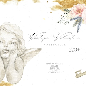 Acuarela del día de San Valentín, amor vintage, corazones antiguos, llaves, corona de flores boho, marco, ramos de rosas, patrón sin costuras, imágenes prediseñadas png