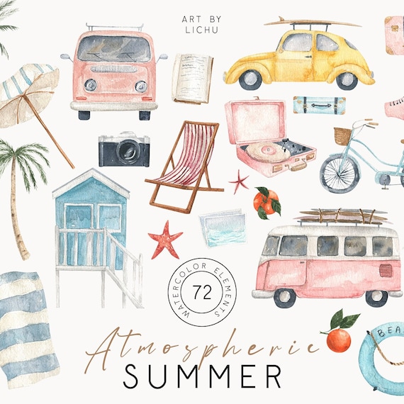 Watercolor Summer Clipart Travel Hippie Mobile Surfboard Palm Trees Sea Sky Beach Houses Suitcase Journey Seasonal Clip Art Sublimation png