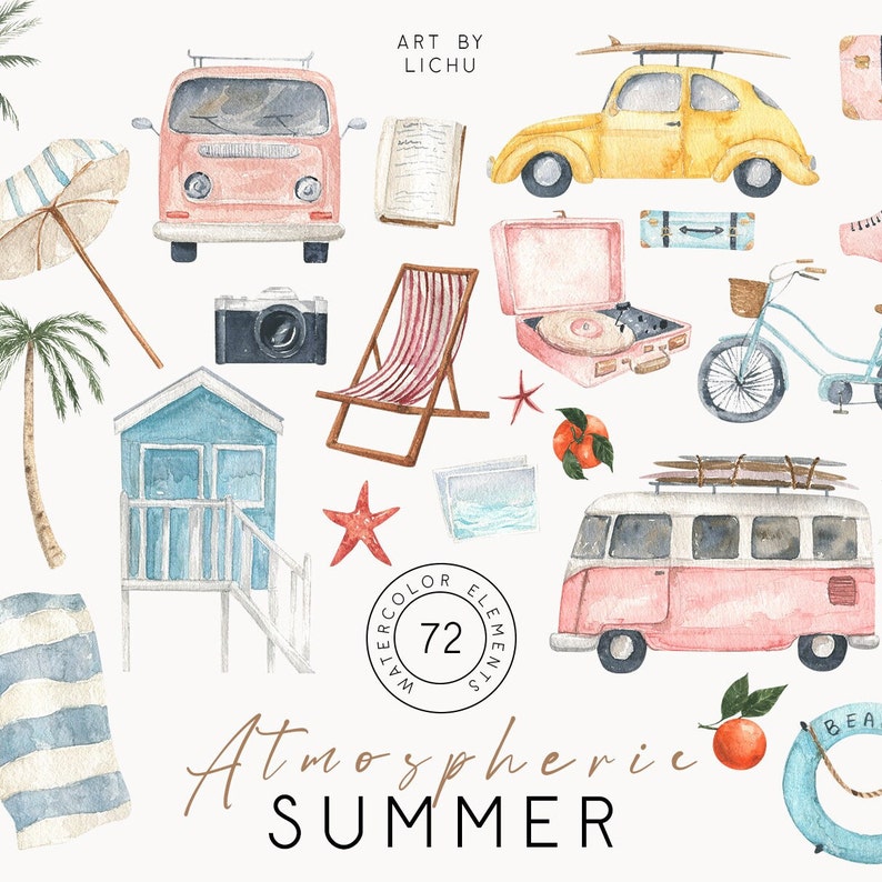 Może przedstawiać: Aquarelowe ilustracje letnich przedmiot&oacute;w wakacyjnych, w tym r&oacute;żowy van, ż&oacute;łty samoch&oacute;d, domek na plaży, leżak plażowy, deska surfingowa, aparat fotograficzny, palma, koło ratunkowe, książka, gramofon, rower i parasol plażowy. Tekst "Atmospheric Summer" jest napisany brązowym kolorem na dole obrazu.