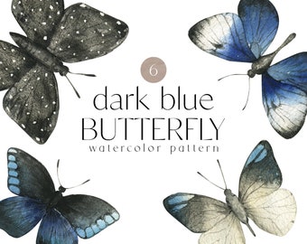 Dark blue butterfly clipart Watercolor insect baby shower spring romantic wedding invitation greeting card sublimation clipart png