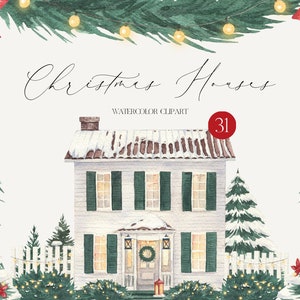 Case invernali Natale Acquerello Clipart Ghirlanda floreale Albero di Natale Cornice Cottage accogliente clipart png