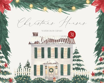 Winter Houses Christmas Watercolor Clipart Floral Wreath Christmas Tree Frame Cozy Cottage clipart png