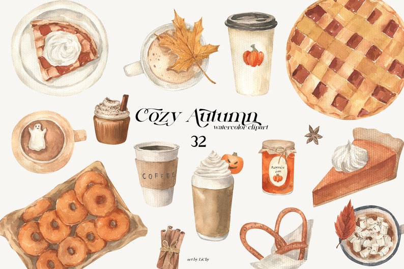 Op de afbeelding: Waterverf clipart set met gezellige herfstthema's, waaronder koffie, donuts, pompoentaart, cupcakes en herfstbladeren. De set bevat 32 afzonderlijke afbeeldingen.