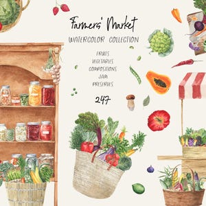 Puede incluir: Ilustración en acuarela de un mercado de agricultores con varias frutas, verduras y conservas. Presenta una estantería de madera con tarros, una cesta de productos y un carro de mercado con un toldo a rayas rojas y blancas. El texto dice "Farmers' Market".