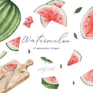 Clipart pastèque aquarelle fruits d'été cartes d'anniversaire recette de cuisine tranche de fruits sublimation baby shower png