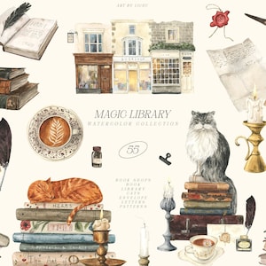 Aquarelle bibliothèque Clipart librairie librairie clipart chats lettres vintage livre étagère journal intime papeterie Scrapbook papier sublimation png