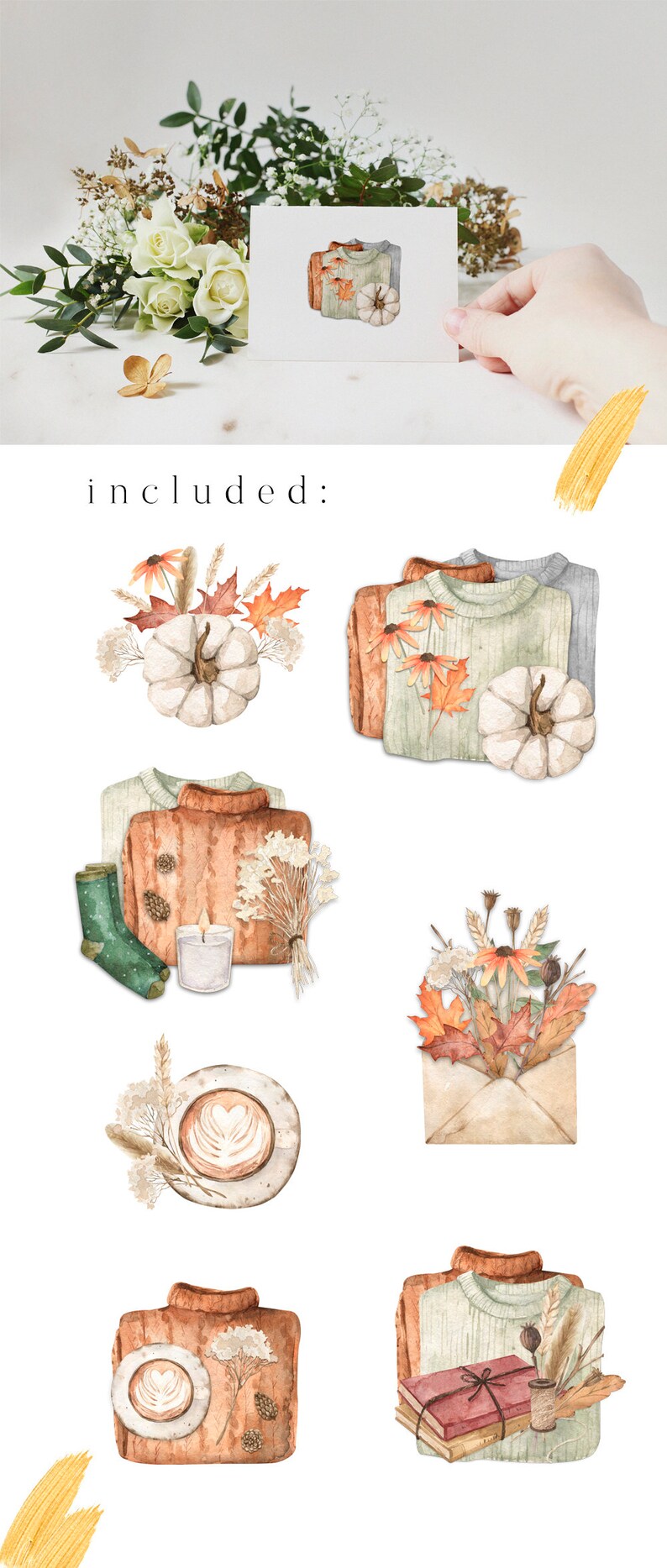 Puede incluir: Un conjunto de ilustraciones de acuarela con temas acogedores de oto&ntilde;o. Las ilustraciones incluyen una taza de caf&eacute;, un su&eacute;ter, una calabaza, una vela y un libro. Las ilustraciones son perfectas para agregar un toque de oto&ntilde;o a la decoraci&oacute;n de tu hogar.