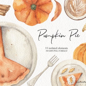 Clipart de outono em aquarela - Torta de abóbora - clipart de outono - clipart de ação de graças - clipart de halloween - clipart de café - folhas - abóbora png