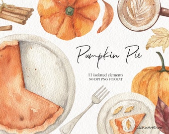 Watercolor autumn clipart - Pumpkin pie - fall clipart - thanksgiving clipart - halloween clipart - coffee clipart - leaves - pumpkin png