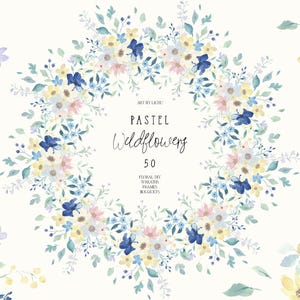 Pastell Wildblumen Clipart Aquarell Blumen - Blumenkränze - Rustikaler Strauß - Sanfte Farben Eleganter Wildblumenkranz - Hochzeitsdesign