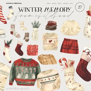 Clipart di abiti invernali ad acquerello, maglione brutto, calzini comodi, regali, lampada, pattini da ghiaccio, scarpe, vestiti caldi di Natale, clip art a sublimazione png