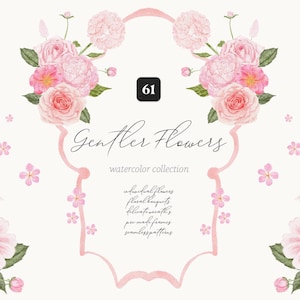 Aquarell Blumen Clipart Sanfter Preppy Blumen Kranz Rosa Pfingstrosen Hortensie Kamelie Rahmen Grandmilenial Flora Monogramm Coquette Clipart