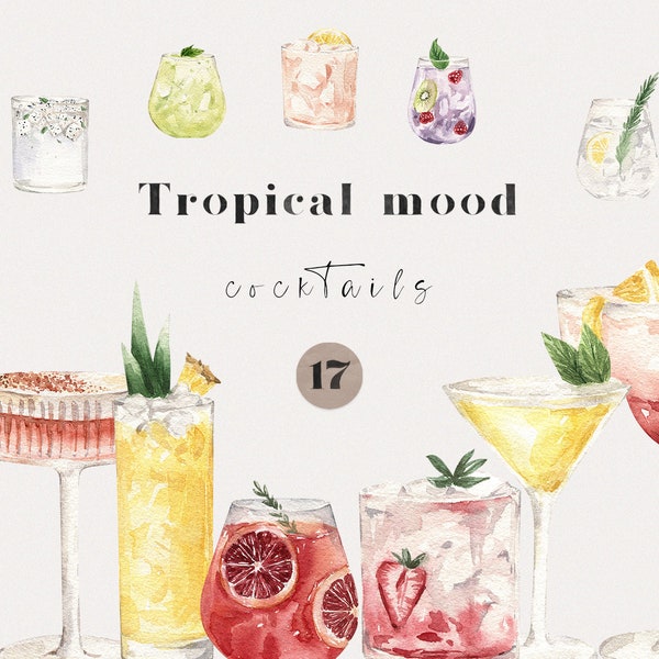 Aquarelle Cocktail Clipart Boisson Tropicale Mélange Jus Alcool Aperol Gin Liqueur Vodka Tequila Rhum Bar Menu Logo Cuisine Sublimation png