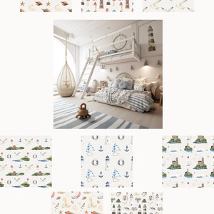 Pu&ograve; includere: Un set di 10 motivi senza cuciture ad acquerello con temi nautici. I motivi includono fari, conchiglie, ancore, barche a vela e gabbiani. I motivi sono perfetti per creare design digitali o stampati per l'arredamento della casa, la cancelleria o il tessuto.