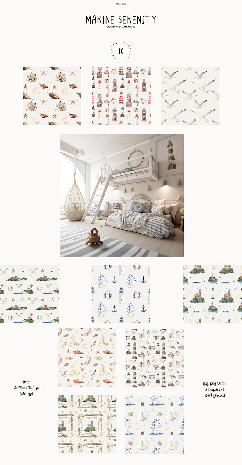 Pu&ograve; includere: Un set di 10 motivi senza cuciture ad acquerello con temi nautici. I motivi includono fari, conchiglie, ancore, barche a vela e gabbiani. I motivi sono perfetti per creare design digitali o stampati per l'arredamento della casa, la cancelleria o il tessuto.