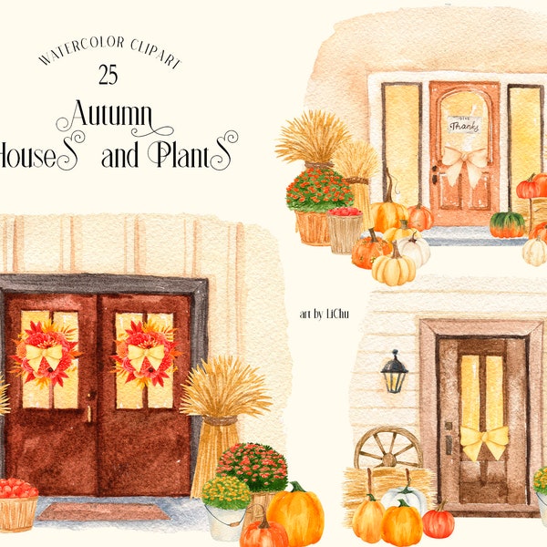 Watercolor House Cottage Clipart Bright Autumn Png Cozy Fall Pumpkin Clip Art Building Logo Door Art Gardening Harvesting Bucket of Apples