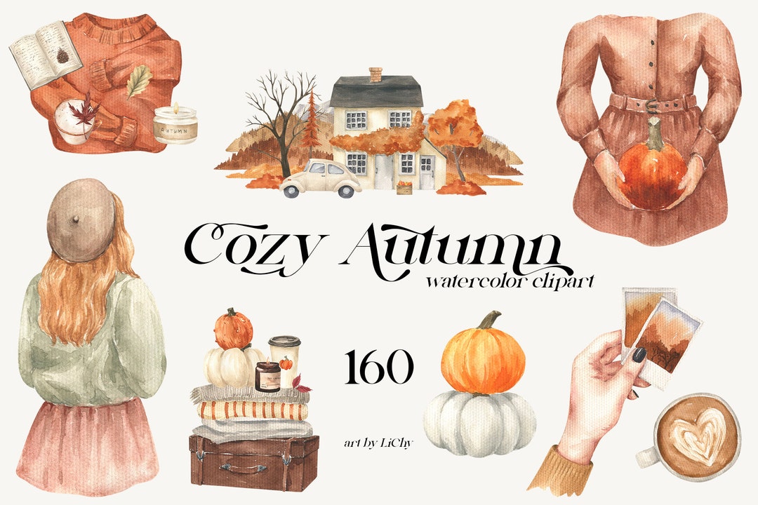 Watercolor Autumn Clipart Fall Girl Illustration Cozy Houses Cottages ...