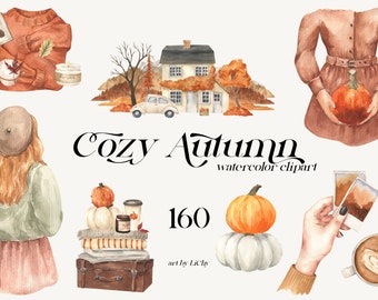 Watercolor Autumn Clipart Fall Girl Illustration Cozy Houses Cottages Trees Mountains Seasonal Car Pumpkin Pie Coffee Clothes clip art png