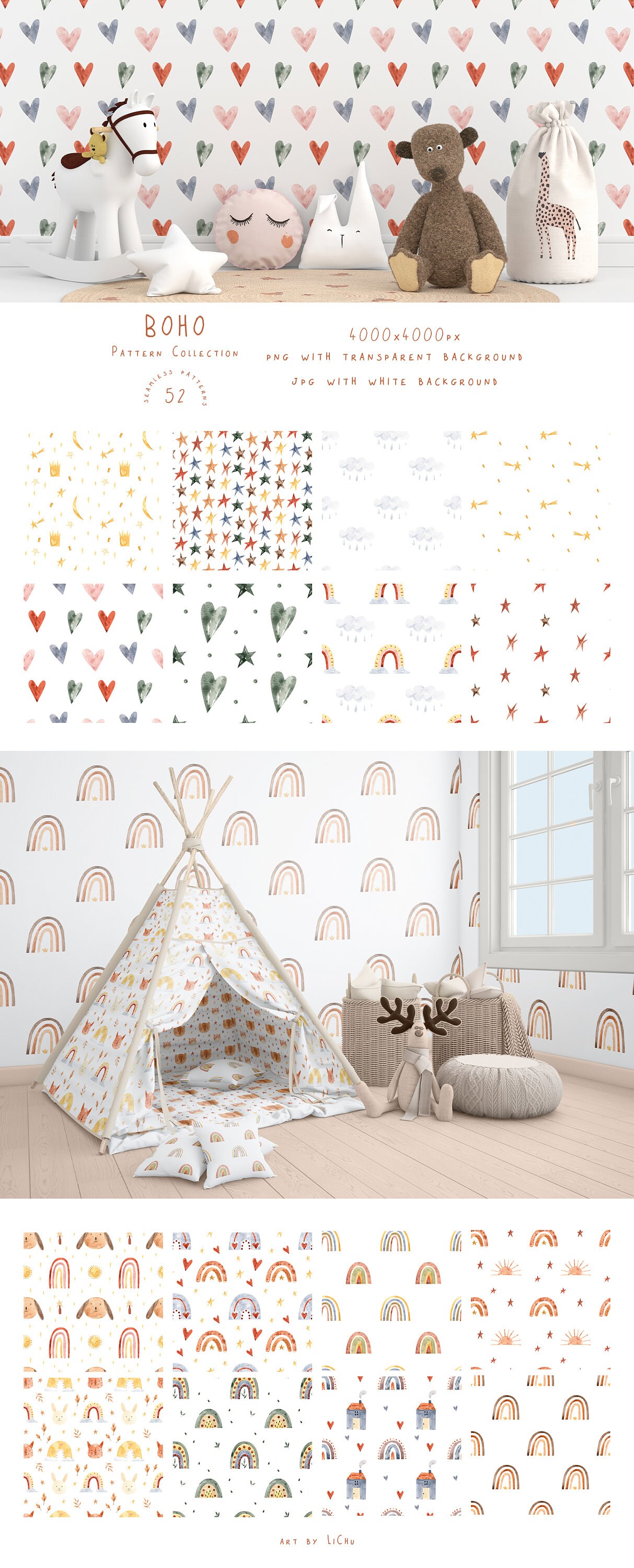 Watercolor Boho Nursery Clipart Rainbow Cute Animal Bear Bunny Woodland ...