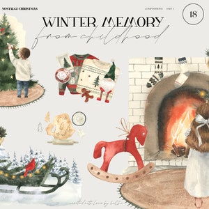 Aquarell Weihnachten Clipart Gemütlicher Kamin Weihnachtsbaum hässlicher Pullover Schlitten Geschenke Pferd Menschen Illustration Kind Sublimation Clip Art png