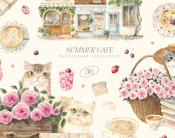 Summer Cafe Watercolor Clipart – Coffee Clipart - Cat Lover PNG - Academia Book Lover Clip Art - Journal Clipart - Cocktail Whimsical Cafe